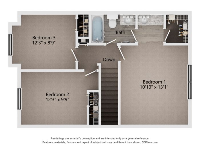 Inviting floor plan with 3 spacious bedrooms, a luxurious bath, and ample closet space, highlighting modern living.