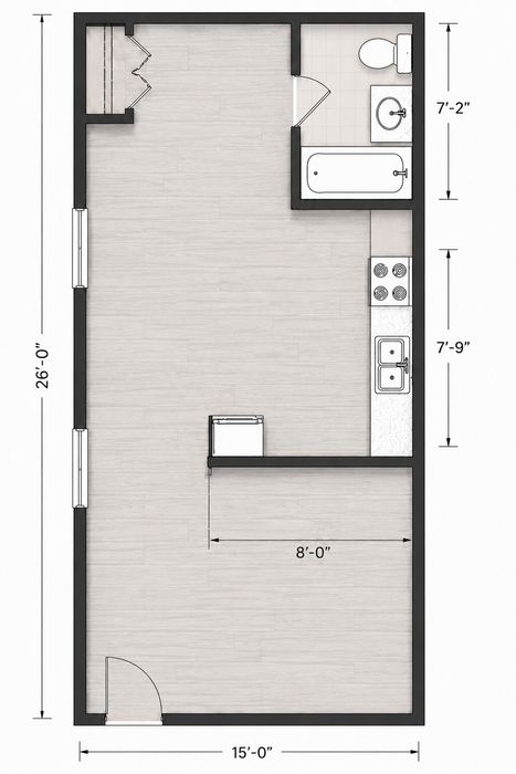 Modern studio floor plan featuring an open living area, compact kitchen, and bathroom, perfect for efficient urban living.