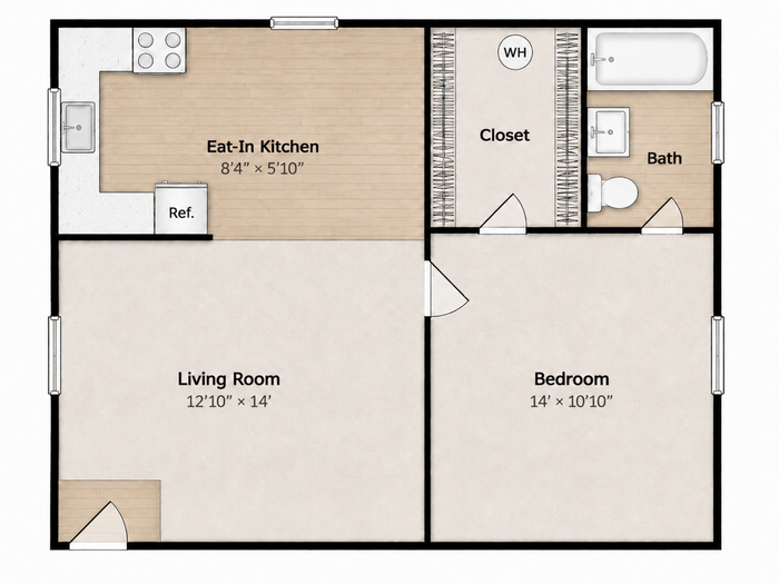 Cozy 1-bedroom apartment floor plan featuring an eat-in kitchen, spacious living room, and well-appointed bathroom with closet space.