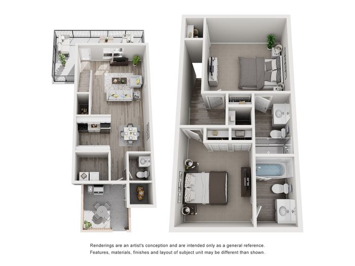Modern 3D floor plan showcasing a luxurious apartment with two bedrooms, spacious living room, sleek kitchen, and private balcony.