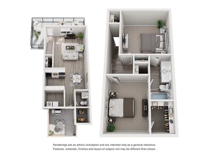 Modern 3D floor plan showcasing 2 bedrooms, open living and dining area, stylish kitchen, two bathrooms, and a spacious balcony.