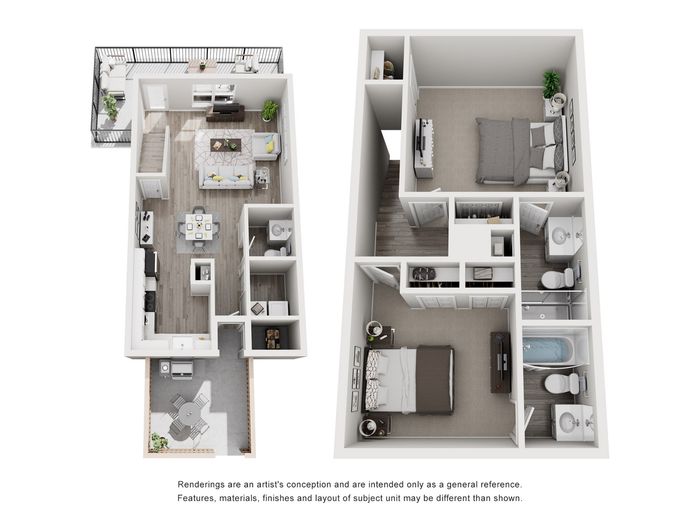 Chic 3D apartment layout featuring two spacious bedrooms, elegant living area, modern kitchen, two bathrooms, and inviting outdoor balconies.