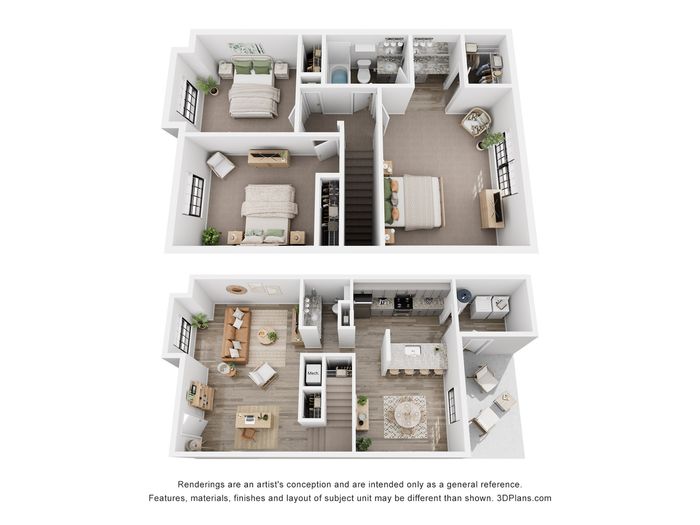 Elegant two-story floor plan showcasing three bedrooms, modern kitchen, and cozy living area with abundant natural light.