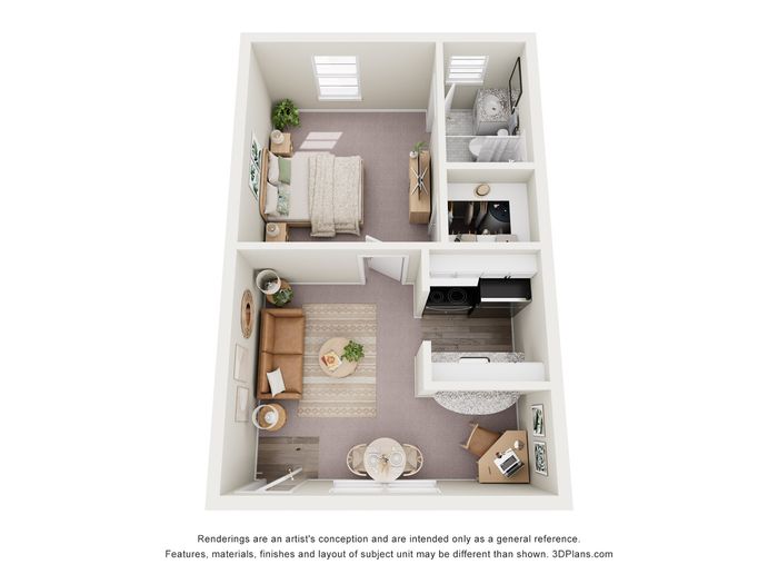 Elegant 1-bedroom apartment floor plan featuring a cozy living room, modern kitchen, and a stylish bathroom.