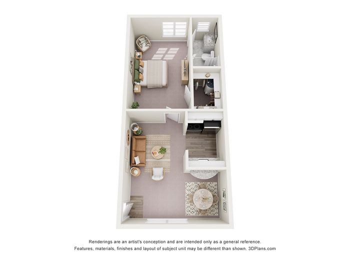 Cozy 3D floor plan featuring a spacious bedroom, stylish living area, and modern kitchen with a breakfast nook.
