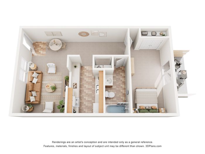 Modern open-concept apartment floor plan featuring a cozy living area, stylish kitchen, one bedroom, a bathroom, and spacious balcony access.