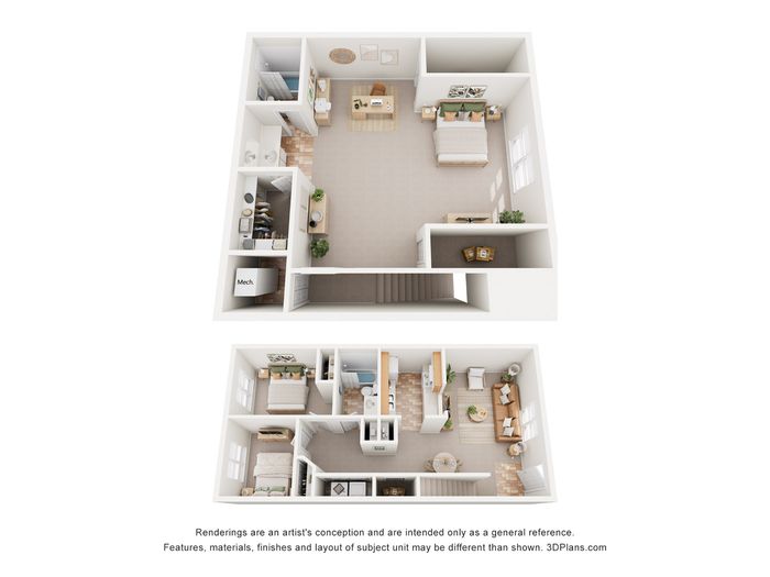 Elegant two-story floor plan featuring three bedrooms, modern kitchen, inviting living room, and spacious dining area with abundant natural light.