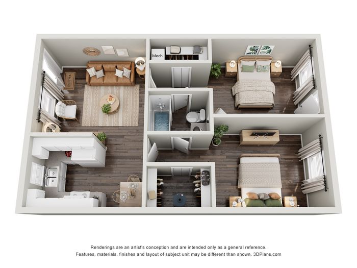Charming 3D apartment floor plan showcasing two cozy bedrooms, inviting living area, modern kitchen, and sleek bathroom layout.