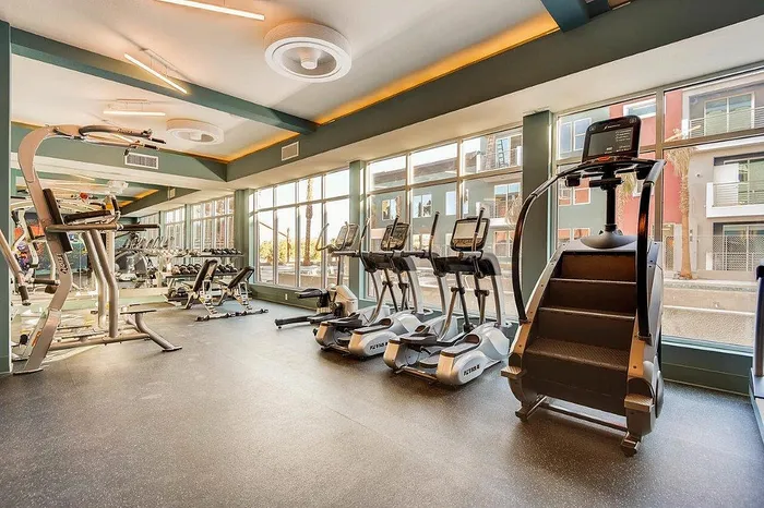 Bright and modern gym equipped with state-of-the-art fitness machines, featuring large windows and a stylish interior design.