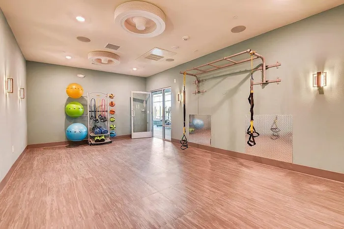 Modern fitness room featuring vibrant exercise equipment, TRX straps, and sleek hardwood flooring, offering an inviting environment for health and wellness.