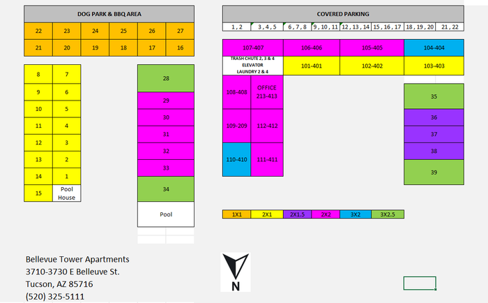 Bellevue Tower Apartments site map highlighting pool, dog park, BBQ area, and spacious covered parking in Tucson, AZ.