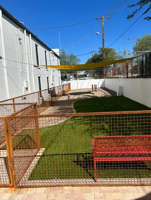 Inviting outdoor space with green lawn, cozy red bench, and secure fencing, perfect for relaxation and pet-friendly activities.