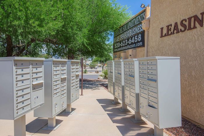 Vibrant outdoor space at Puesta del Sol Apartments featuring organized mailbox units under lush greenery with leasing office nearby.