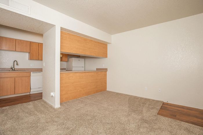 Bright open-concept apartment kitchen with warm wood cabinetry and inviting living area.