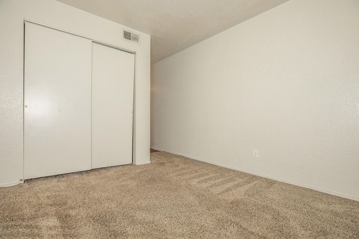 Bright and airy bedroom with plush carpeting and sliding closet doors, perfect for comfortable living.