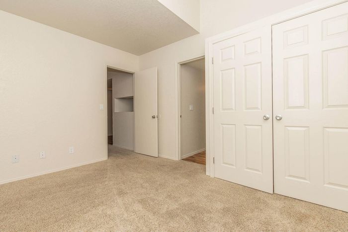 Bright and inviting bedroom with plush carpet, ample closet space, and contemporary neutral walls.