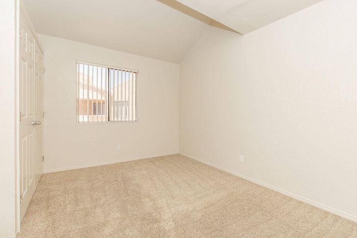 Bright, spacious room with plush carpet and large window allowing natural light to illuminate the minimalistic interior.