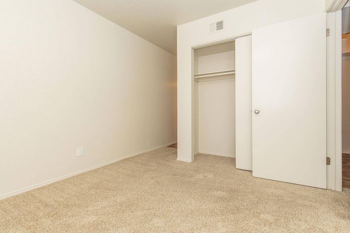 Inviting room with plush carpet and an open closet, perfect for personalizing your cozy space.