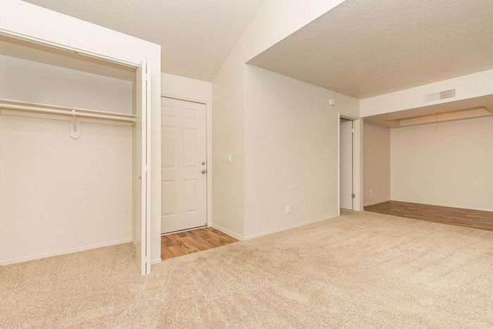 Spacious apartment interior showcasing an open floor plan with plush carpeting, elegant entryway, and ample closet space.