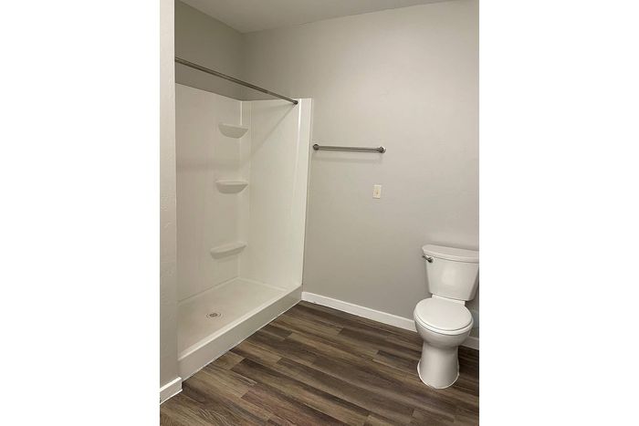 Modern bathroom with sleek shower, elegant wood-effect flooring, and minimalist design.