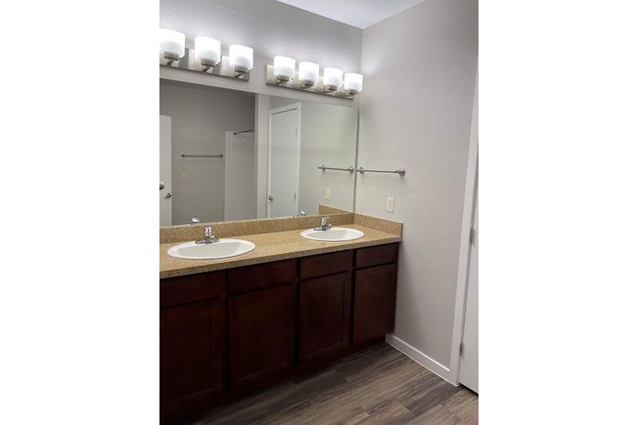 Elegant bathroom featuring double vanity sinks with rich wooden cabinetry, modern light fixtures, and a large mirror.