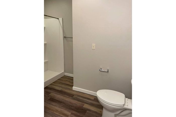 Modern bathroom featuring elegant wood flooring and a sleek, walk-in shower design.