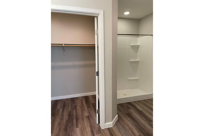 Modern apartment interior showcasing a spacious walk-in closet and sleek shower against elegant hardwood flooring.
