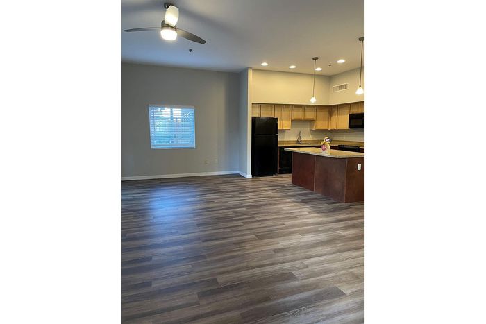 Modern open-concept apartment with elegant wood flooring, sleek kitchen with pendant lighting, and ample natural light.