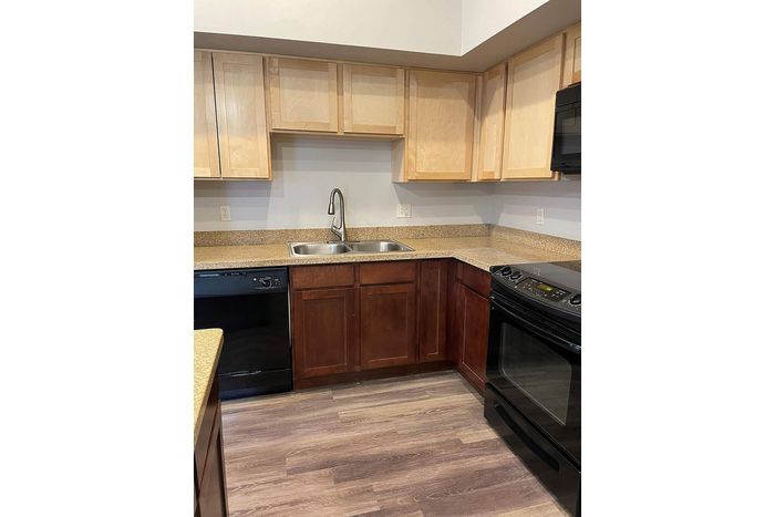 Modern kitchen with sleek wooden cabinetry, stylish granite countertops, and energy-efficient appliances.
