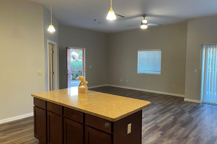 Spacious open-plan living area with elegant hardwood floors, modern kitchen island, and abundant natural light.