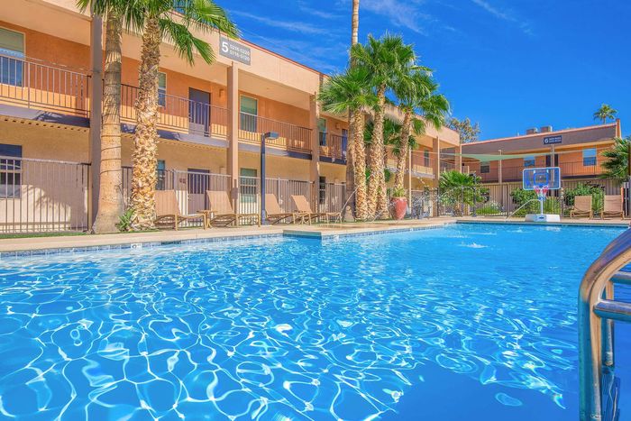 Sunny apartment complex with inviting pool surrounded by palm trees and comfortable loungers, perfect for relaxation.