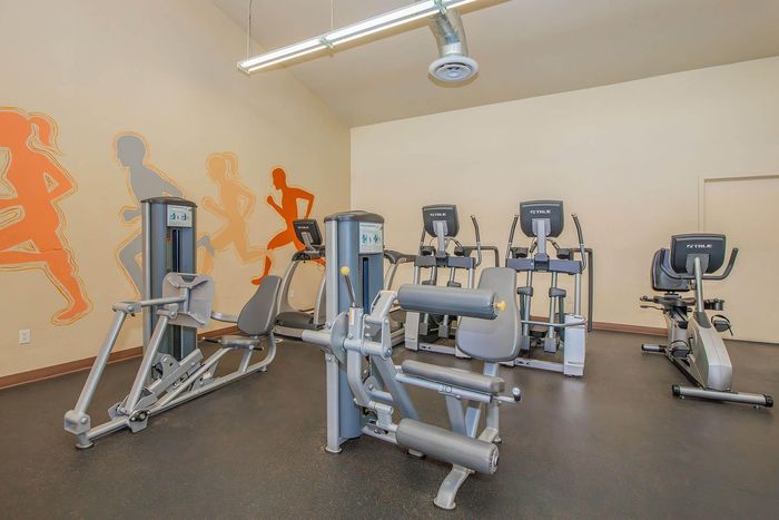 Modern fitness center with state-of-the-art workout equipment and vibrant wall art, perfect for maintaining a healthy lifestyle.