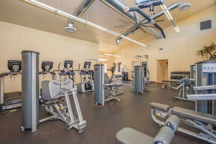 Modern fitness center featuring state-of-the-art exercise equipment and sleek interior design perfect for active living.