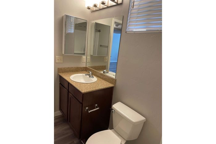 Modern bathroom with elegant vanity, sleek granite countertop, and ample natural light.