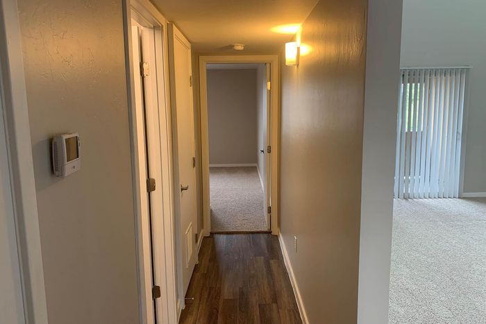 Inviting hallway with elegant wood flooring leading to a cozy carpeted room, accented by soft ambient lighting.