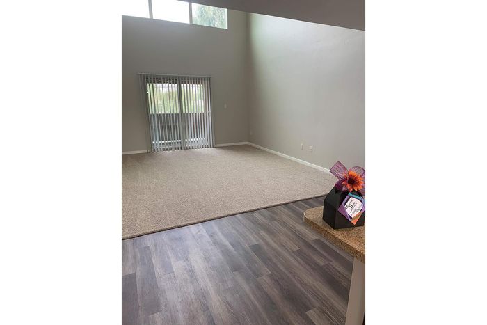 Bright living area with large windows and plush carpet, featuring elegant wood flooring and a welcoming ambiance.