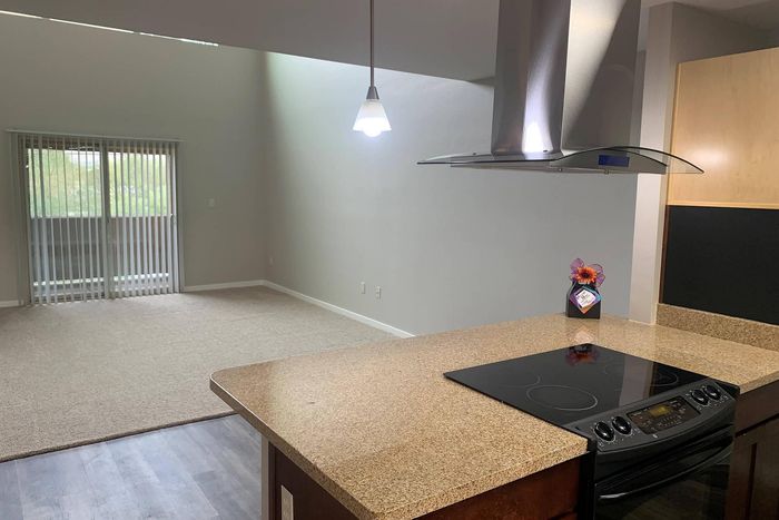 Modern open-concept living space with sleek kitchen countertops and a cozy carpeted area, illuminated by natural light through large glass sliding doors.