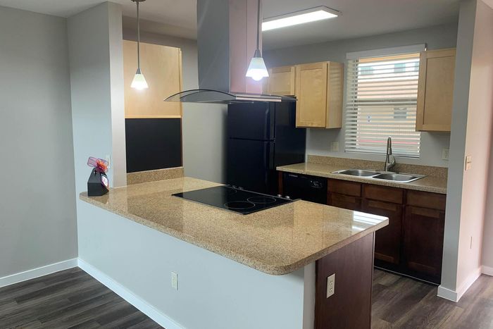Modern kitchen with elegant granite countertops, sleek appliances, and ambient pendant lighting.