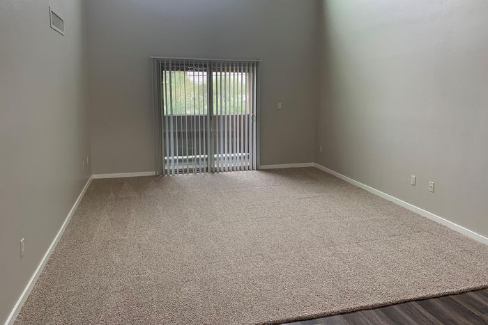 Spacious living room with plush carpeting and large sliding glass doors leading to a scenic balcony.