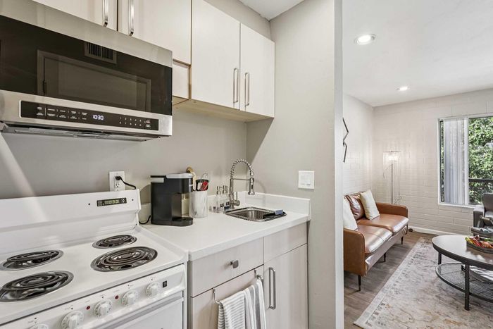 Modern apartment kitchen with sleek appliances, cozy living space, and natural light streaming through large windows.