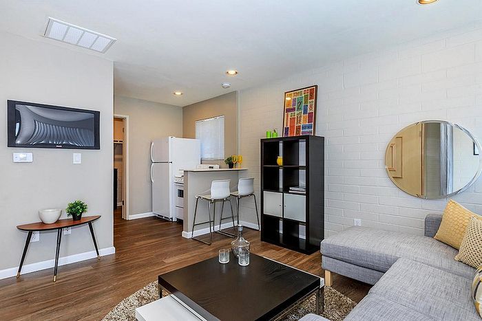 Modern apartment living room with sleek wood floors, cozy grey sofa, and compact kitchen area with breakfast bar.