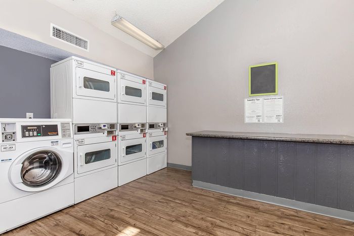 Modern laundry room featuring high-efficiency washers and dryers with sleek interiors, perfect for a convenient lifestyle.