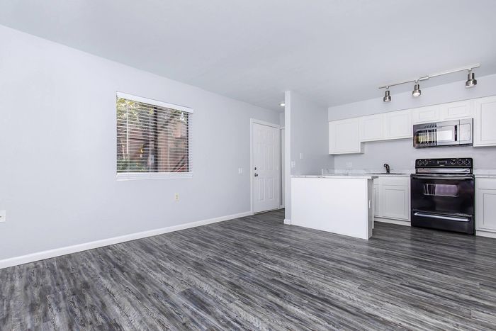 Modern open-plan kitchen with sleek black appliances, white cabinetry, and elegant wood-look flooring, bathed in natural light from a large window.