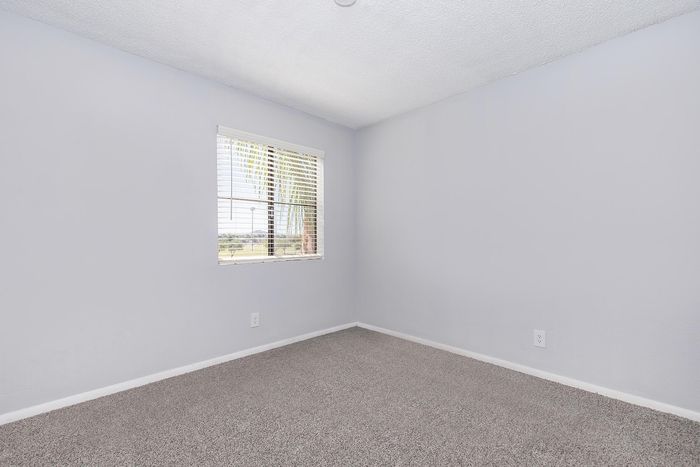 Bright and airy room with soft carpet flooring, large window allowing natural light, and serene wall color.