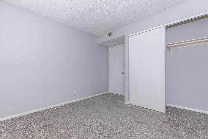 Bright, spacious bedroom with fresh gray walls, plush carpet, and a sleek sliding closet door, ready for personal touch.