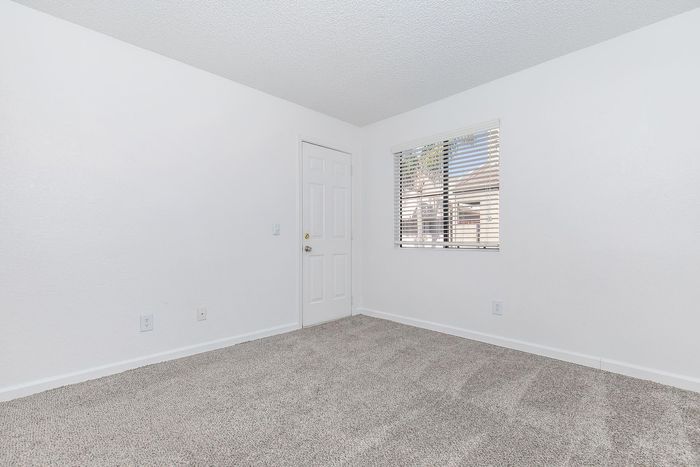 Bright and inviting room with plush carpet, white walls, and a large window featuring modern blinds for natural light.