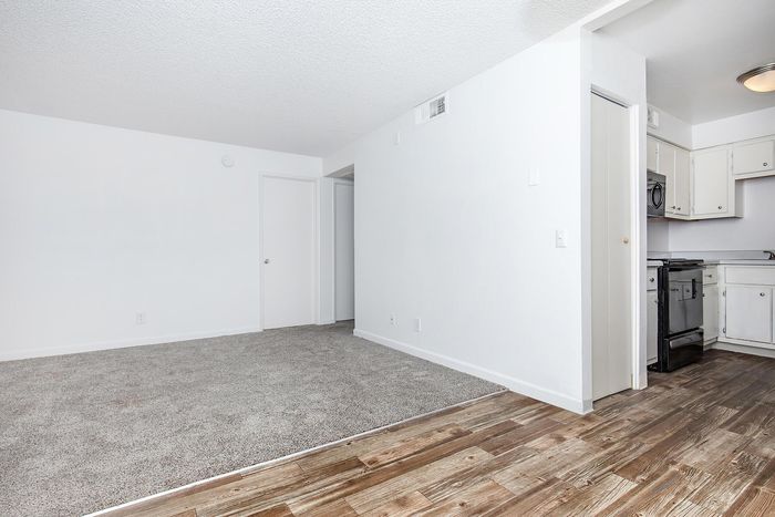Modern apartment interior featuring a seamless transition from hardwood flooring to plush carpet, leading into a contemporary kitchen with stainless steel appliances.