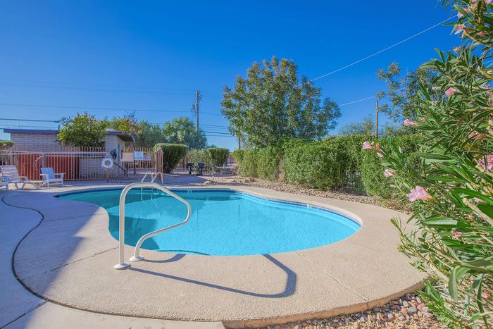Inviting outdoor pool surrounded by lush greenery and comfortable lounging chairs, perfect for relaxation and sunny days.