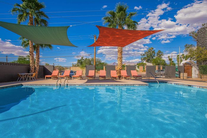 Inviting outdoor pool area with vibrant lounge chairs, surrounded by lush palm trees and colorful shade sails under a clear blue sky.