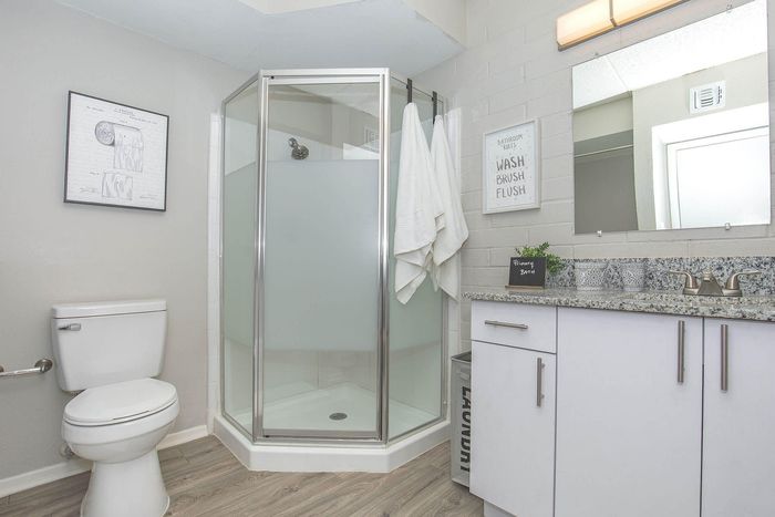 Modern bathroom with elegant granite countertop, sleek shower enclosure, and stylish decor.
